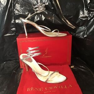 Rene Caovilla CLEO Crystal -Embellished Silver Satin Sandals Sz 10.